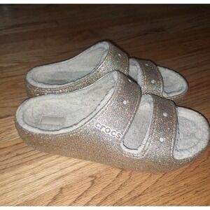 Crocs Classic Cozy Fleece Glitter Sandal Mens 12 Gold Glitter Metallic Faux Fur